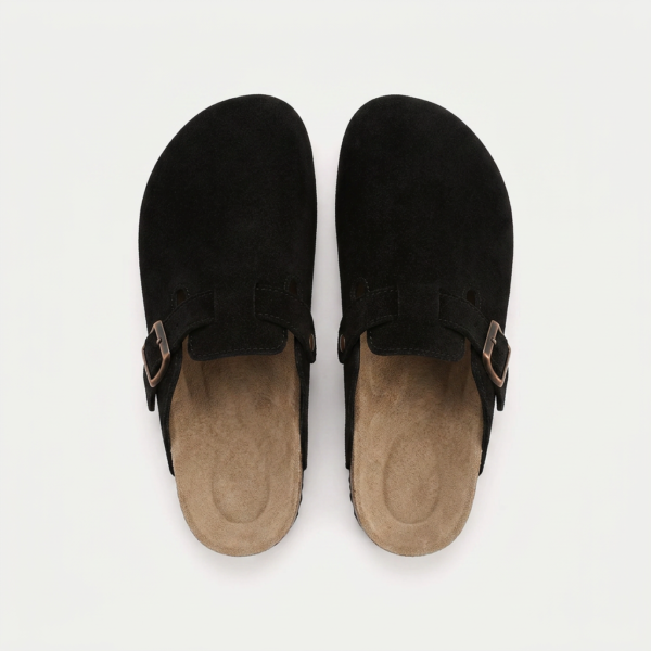 The Amber Clog hervelora (1) "Front Hero: Olive suede buckle-strap mule clog with cork-effect sole, side profile on plain background Beach Lifestyle: Woman wearing tan suede buckle mules walking on sand, open-back clog silhouette visible Detail Shot: Close-up of adjustable gold buckle strap and molded arch footbed on suede mule clog"